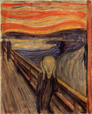 The Scream 1893, oil, tempera & pastel on cardboard. 1st ver. publicly displayed, & most recognized, located at the National Gallery in Oslo, Norway.