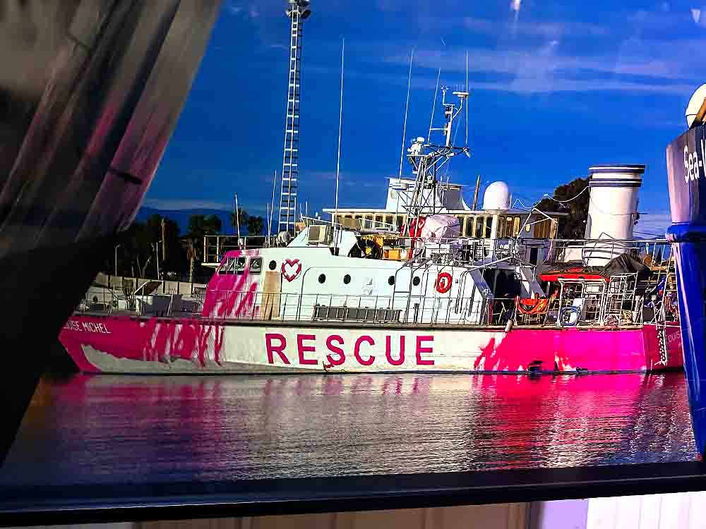 French Navy vessel relaunched Louise Michel customized to perform search and rescue. Banksy